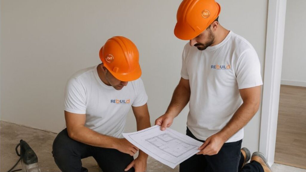Técnicos da BD Rebuild em obra, integrados no programa de capacitação de jovens adultos em contexto real de remodelação