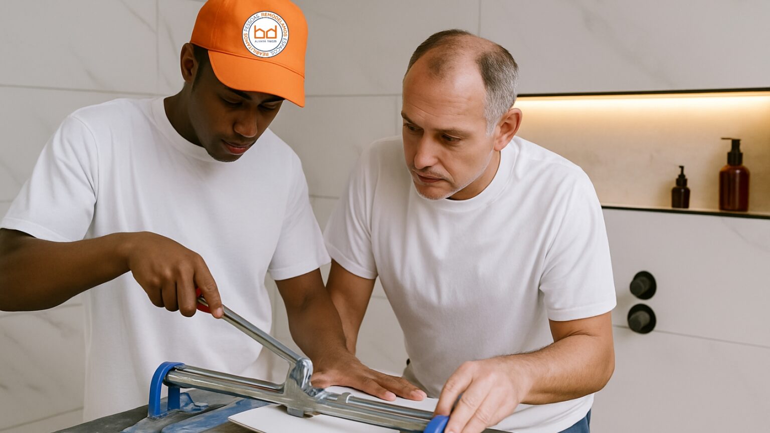 Mestre de obra ensina jovem em obra de casa de banho, no âmbito do programa social de capacitação profissional da BD Rebuild.