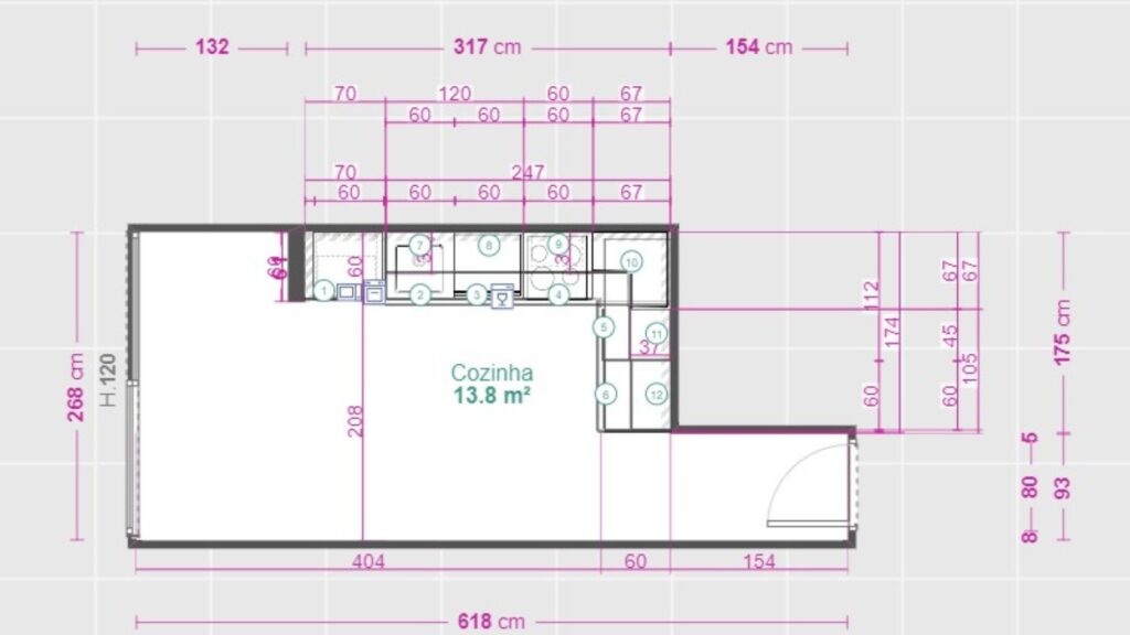 Planta técnica em 2D de cozinha em L, com medidas detalhadas e distribuição dos equipamentos e mobiliário para remodelação