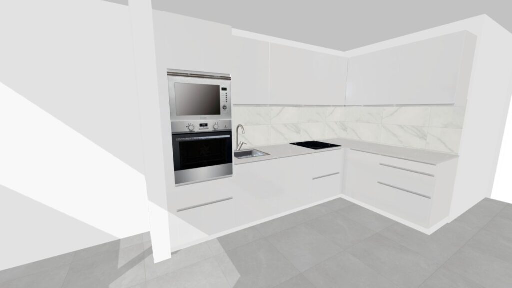 Projeto 3D de cozinha moderna com armários brancos, eletrodomésticos embutidos e bancada em pedra clara — visualização para planeamento pré-obra